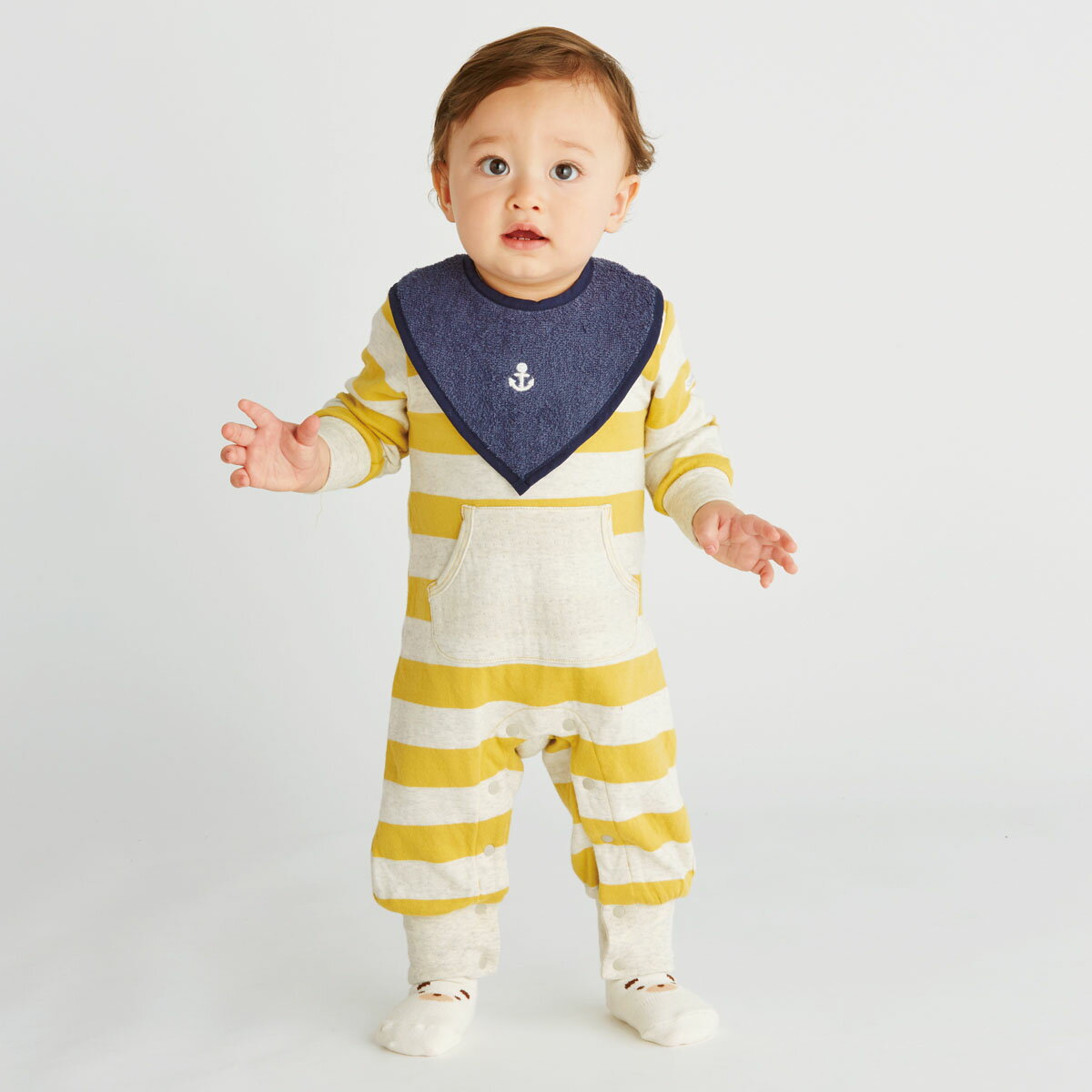 【30%OFF】やわらかボディオール（太ボーダー） 《コンビミニ》 ギフト ベビー服 子供服 Combi mini 新生児服 秋冬カバーオール 70 75_30