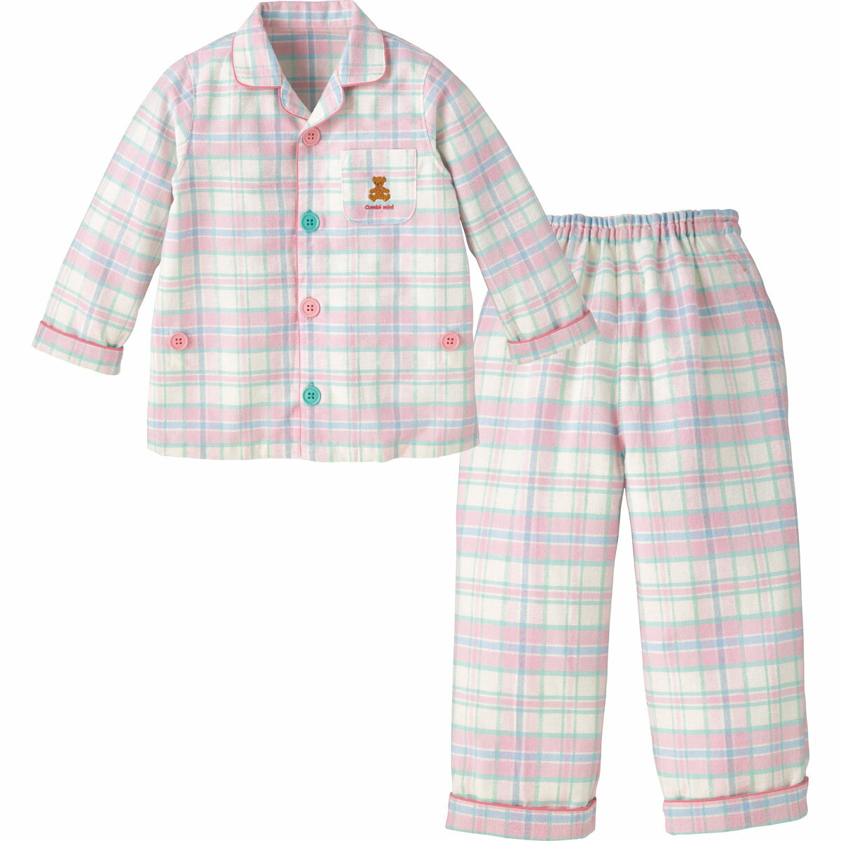 【30％OFF】《コンビミニ》ネルパジャマ(チェック) | 男の子 女の子 80cm 90cm 100cm 110cm 120cm 130cm 服 子供服 キッズ 綿 ブルー ピンク 冬 長袖 こども 子供 子ども かわいい あったか 子供用パジャマ 保育園【S】【パジャマ】