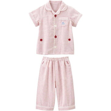 《コンビミニ》半袖前開きガーゼパジャマ(ミジンボーダー) : 男の子 女の子 80cm 90cm 100cm 110cm 120cm 130cm | ブルー レッド おしゃれ キッズ 子供服 パジャマ ダブルガーゼ 半袖 前開き 子供 ボタン ルームウェア 夏用 綿 兄弟 お揃い