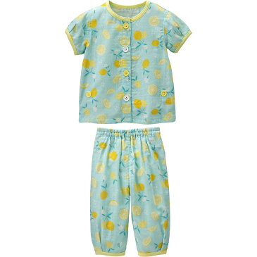 【15%OFF】《コンビミニ》半袖前開きガーゼパジャマ(レモン) {女の子} 【80cm 90cm 100cm 110cm 120cm 130cm】 | グリーン おしゃれ 可愛い キッズ 子供服 パジャマ ダブルガーゼ ガーゼ 半袖 前開き 子供 ボタン ルームウェア 夏用 綿 100% 部屋着【パジャマ】