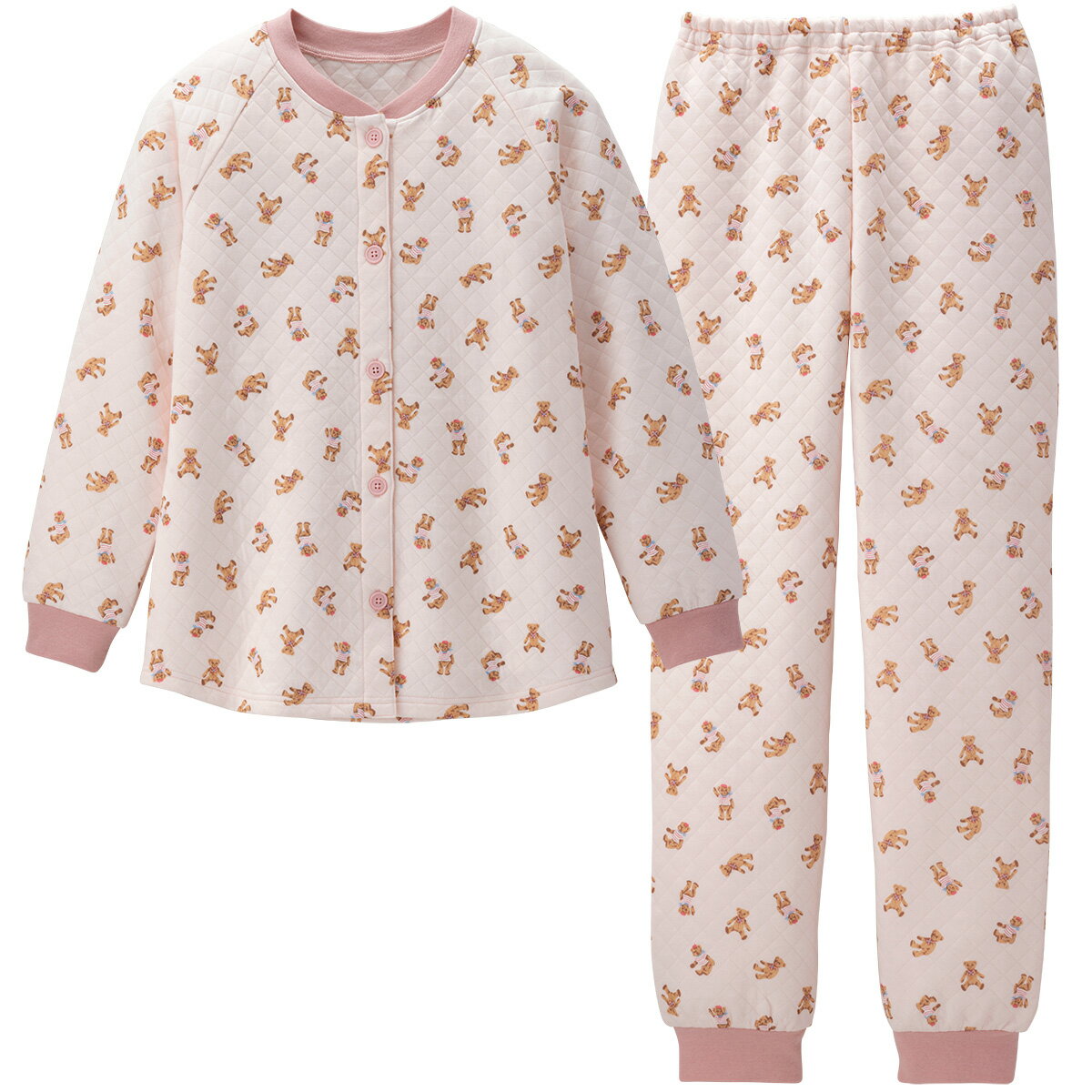 【20％OFF】《コンビミニ》あったかキルト 長袖 前開きパジャマ ママサイズ（テディベア） : レディース 冬 暖かい レディースパジャマ 前開き キルト くま クマ ニットキルト ルームウェア ルームウエア 部屋着 前あきパジャマ 総柄 キルティング 冬用のサムネイル