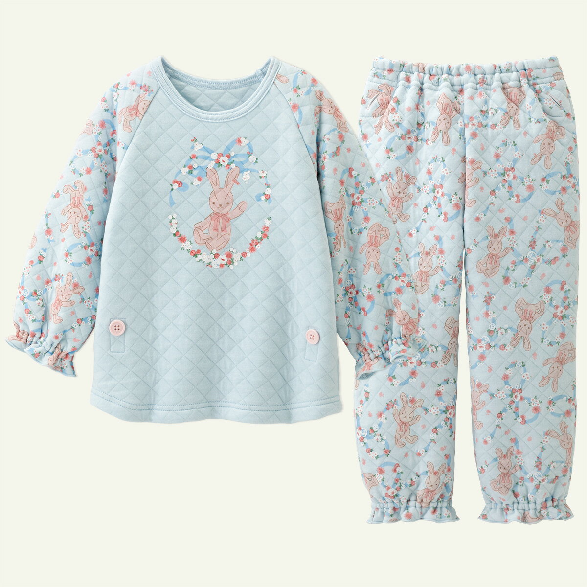 【20％OFF】《コンビミニ》おなか安心ボタン付きあったかキルト長袖パジャマ（リボン花うさぎ）:女の子 80cm 90cm 100cm 110cm 120cm 130cm 140cm | ベビー服 キッズ服 秋冬 子供服 服 キッズ ベビー パジャマ 長袖パジャマ キッズパジャマ キルトパジャマ かわいいのサムネイル