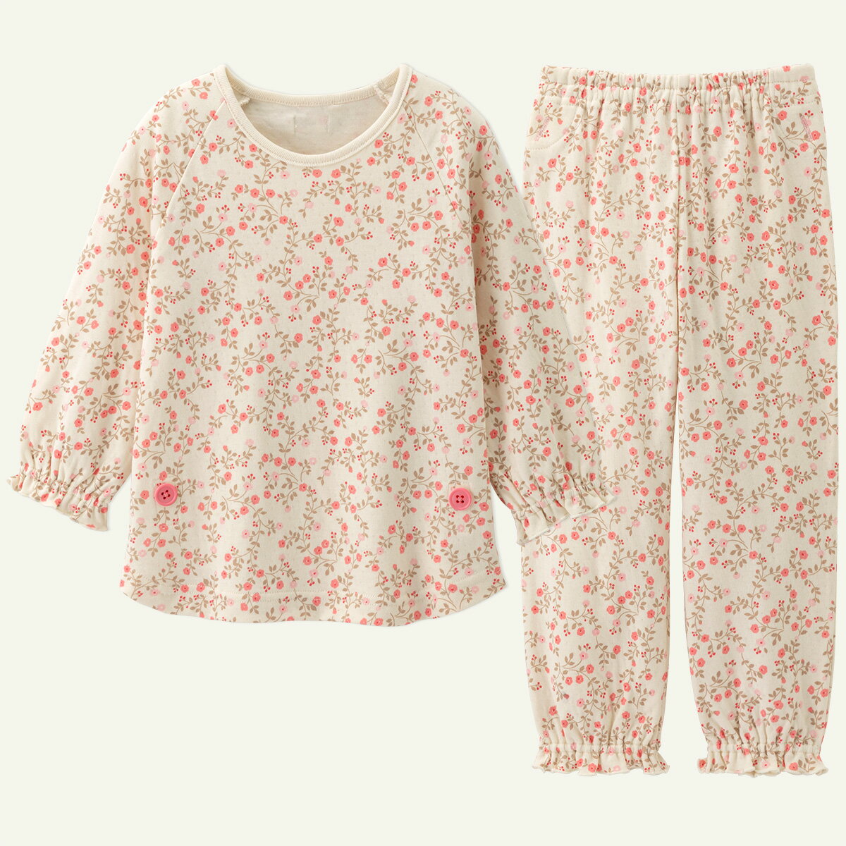 【30％OFF】《コンビミニ》おなか安心ボタン付きやわらか接結長袖パジャマ（小花）:女の子 80cm