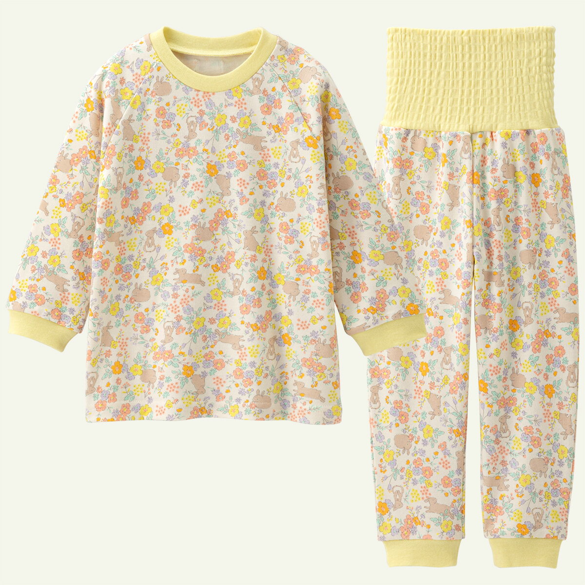 【20％OFF】《コンビミニ》のびのび腹巻付きなめらか超柔綿長袖パジャマ（花うさぎ）:女の子 80cm 90cm 100cm 110cm 120cm 130cm 140cm | キッズ服 ベビー服 秋冬 子供服 子ども服 腹巻付きパジャマ ルームウェア 子供パジャマ かわいい 長袖 キッズのサムネイル