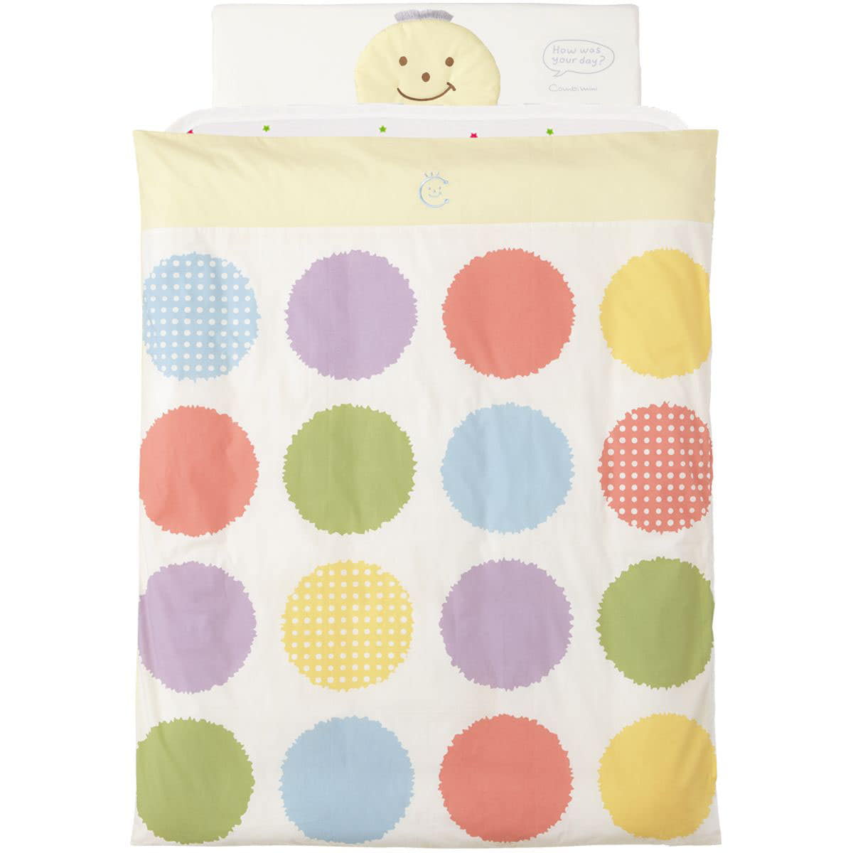 【半額】《コンビミニ》カラフルスマイルドット10点セット : 男の子 女の子 | ベビー 布団 セット 新生児 赤ちゃん 子供 ふとん 寝具 敷布団 掛け布団 枕 カバー シーツ パッド 綿 ガーゼ 毛布 ブランケット おしゃれ 保育園 洗える 洗濯可のサムネイル