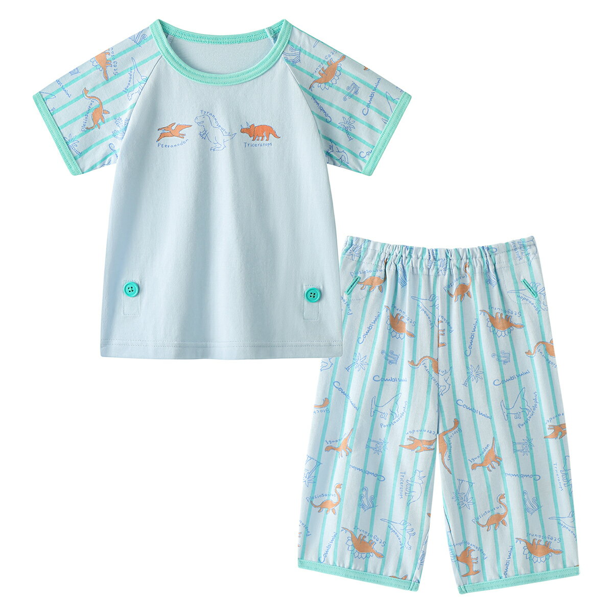 【30%OFF】《コンビミニ》半袖パジャマ（恐竜ストライプ） : 男の子 80cm 90cm 100cm 110cm 120cm 130cm 140cm | ベビー 赤ちゃん キッズ 子供 夏 ルームウェア こども 子ども 可愛い 部屋着 寝巻き 保育園パジャマ 綿100 かぶり おなか安心ボタン付き【パジャマ】【outlet】