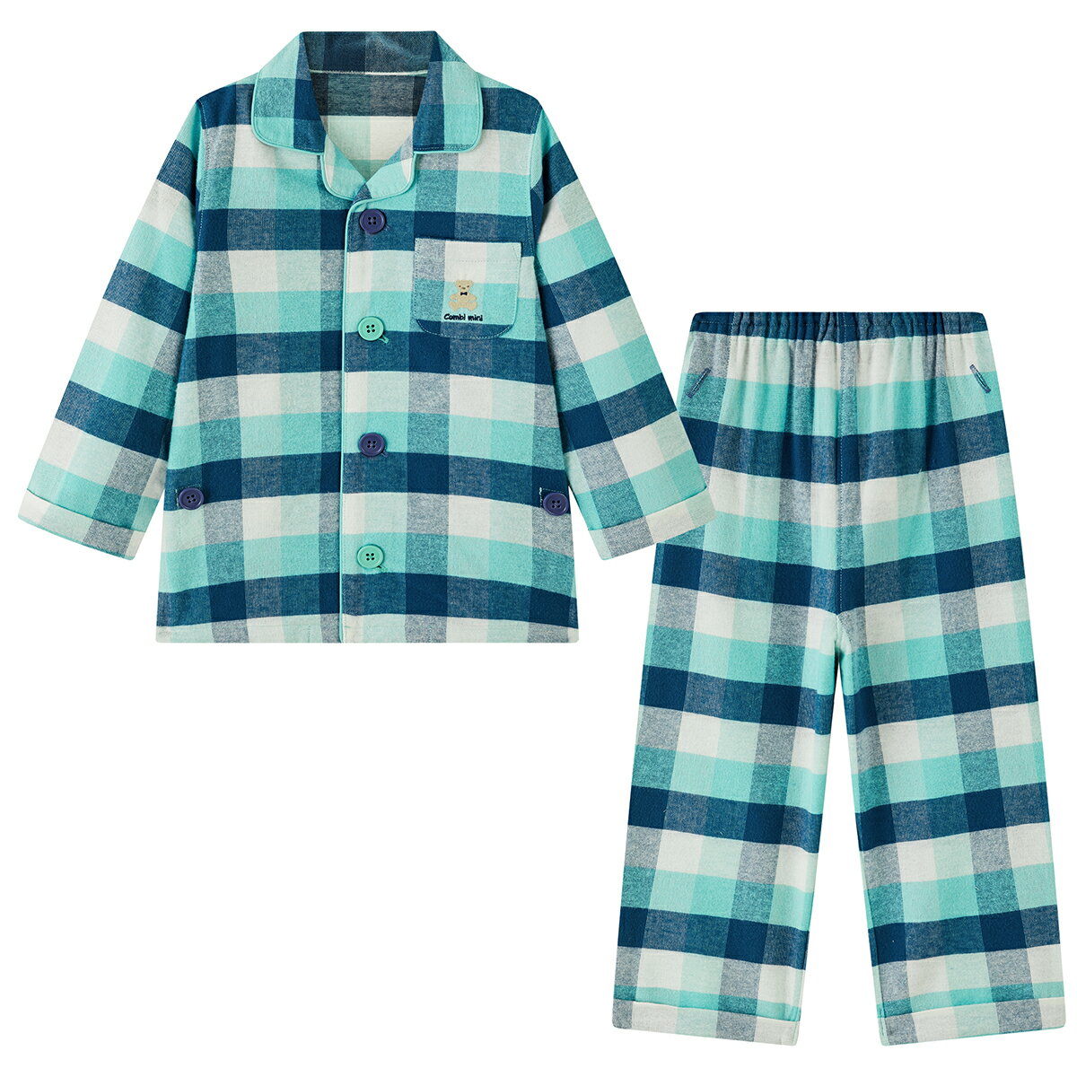 【50%OFF】《コンビミニ》おなか安心ボタン付きやわらかネル起毛長袖前開きパジャマ（先染めモザイクチェック） : 女の子 男の子 80cm 90cm 100cm 110cm 120cm 130cm 140cm | ベビー 子供 綿100【プレゼント】【パジャマ】【outlet】 2