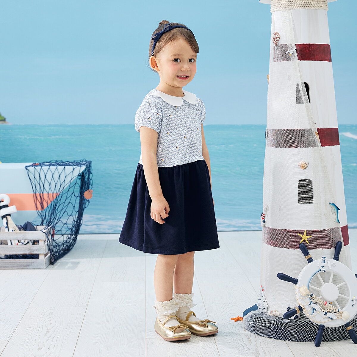 【50%OFF】《コンビミニ》半袖ワンピース（ヨット） : 女の子 80cm 90cm 100cm 110...