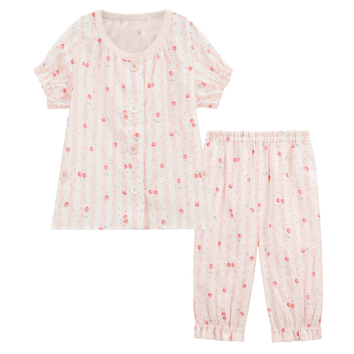 《コンビミニ》おなか安心ボタン付き半袖前開きガーリーガーゼパジャマ（さくらんぼ） : 女の子 80cm 90cm 100cm 110cm 120cm 130cm 140cm | キッズ ダブルガーゼ 子供 ベビー 服 夏 前開き ルームウェア 子ども おしゃれ 可愛い 保育園【パジャマ】