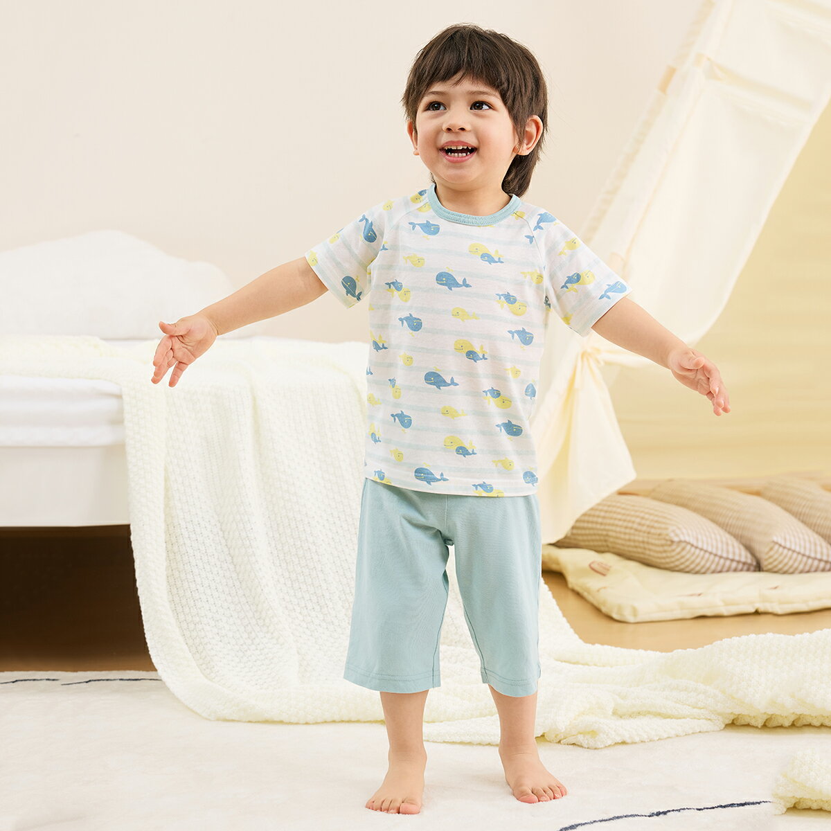 【30％OFF】《コンビミニ》のびのび腹巻付き半袖パジャマ（くじらボーダー・水遊び・いちご・恐竜） : 女の子 男の子 80cm 90cm 100cm 110cm 120cm 130cm 140cm | ベビー 子供服 子ども こども キッズ 綿100% ルームウェア 上下 春 夏【パジャマ】