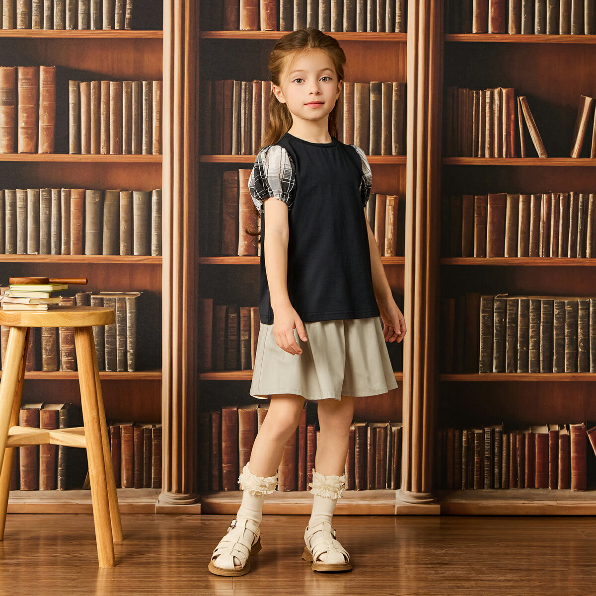 【10%OFF】《コンビミニ》チェックパフスリーブTシャツ : 女の子 110cm 120cm 130c...