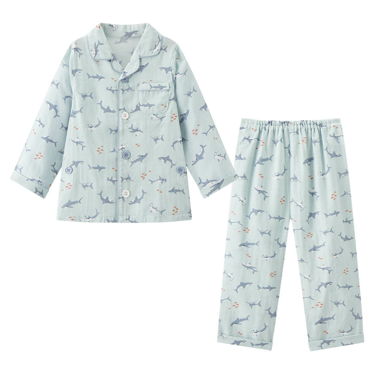 【35%OFF】《コンビミニ》おなか安心ボタン付き長袖前開きガーゼパジャマ（サメ） ...