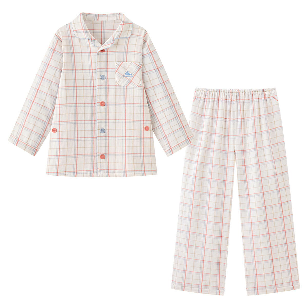 Long-Sleeved - 【20%OFF】《コンビミニ》おなか安心ボタン付き長袖前開きガーゼジュニアパジャマ（チェック） : 男の子 女の子 150cm | 小学生 11歳 12歳 子供 子ども こども 春 ブランド キッズ 幼児 女児 男児 上下セット 綿100 ダブルガーゼ ルームウェア【パジャマ】