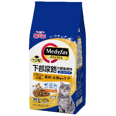 メディファス　避妊・去勢後のケア　子ねこから10歳まで　チキン＆フィッシュ味　1.41kg（235g×6袋）ペットライン下部尿路の健康維持フード。※新パッケージを出荷する場合がございます。