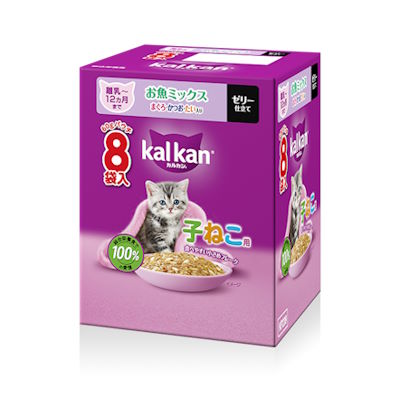 Rakuten - カルカン　パウチ　離乳～12ヵ月までの子ねこ用　お魚ミックス まぐろ・かつお・たい入り　60g×8P　【キャットフード　ウェット　パウチ　総合栄養食　ゼリー仕立て】お魚とチキンのうま味がギュッと詰まってる♪だから、猫もよろこぶおいしさ