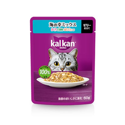 カルカン　パウチ　成猫(1歳〜7歳)　海の幸ミックス　まぐろ・白身魚・ほたてだし入り　60g　【キャットフード　ウェット　パウチ　総合栄養食　ゼリー仕立て】お魚とチキンのうま味がギュッと詰まってる♪だから、猫もよろこぶおいしさ