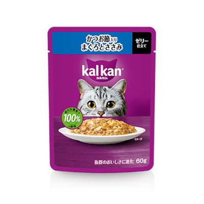 カルカン　パウチ　成猫(1歳〜7歳)　かつお節入り　まぐろとささみ　60g【キャットフード　ウェット　パウチ　総合栄養食　ゼリー仕立て】お魚とチキンのうま味がギュッと詰まってる♪だから、猫もよろこぶおいしさ