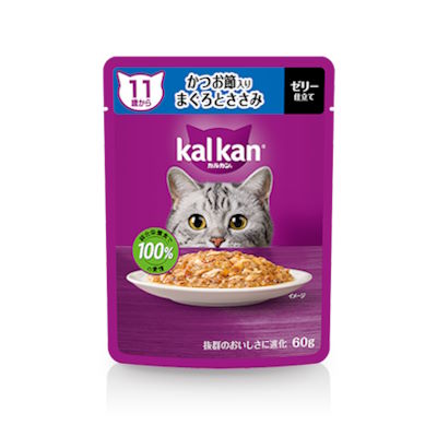 カルカン　パウチ　11歳から　かつお節入り　まぐろとささみ　60g【キャットフード　ウェット　パウチ　シニア猫　高齢　総合栄養食　ゼリー仕立て】お魚とチキンのうま味がギュッと詰まってる♪だから、猫もよろこぶおいしさ