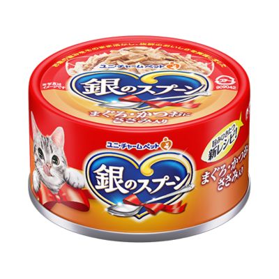 樂天商城 - 銀のスプーン　缶　まぐろ・かつおにささみ入り　70g　ユニ・チャーム【キャットフード　ウェット　缶】お魚のうまみをそのまま活かし、抜群のおいしさを実現したキャットフード（ウェットタイプ）★