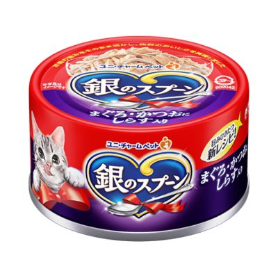 樂天商城 - 銀のスプーン　缶　まぐろ・かつおにしらす入り　70g　ユニ・チャーム【キャットフード　ウェット　缶】お魚のうまみをそのまま活かし、抜群のおいしさを実現したキャットフード（ウェットタイプ）★