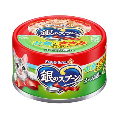 樂天商城 - 銀のスプーン　缶　お魚とささみミックス　かつお節入り　70g　ユニ・チャーム【キャットフード　ウェット　缶】お魚のうまみをそのまま活かし、抜群のおいしさを実現したキャットフード（ウェットタイプ）★