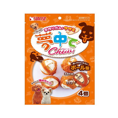 ゴン太の手作りガム+ササミ　夢中でchew！（ちゅー）　ボール型　4個入り　【犬おやつ・ガム・デンタル】いつまでも夢中になって噛み続けられるユニークな牛皮ガム！　おやつタイムだってかわいく♪のサムネイル