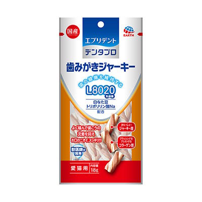 内容量：18g 原産国：国産 歯周を健康に保つ ■L8020乳酸菌、トリポリリン酸Na、白なた豆配合で健康な美しい歯をサポートします。 ブラッシングをトリプルアシスト ■つぶつぶコラーゲン、コラーゲンフロス、カルシウム粒がブラッシングをトリプルアシスト。 健康な歯茎を守る ■ロープ状のジャーキーを噛むことでのマッサージ効果、ビタミンE配合で健康な歯茎を守ります。 国産鶏肉使用 対象年齢 生後3ヶ月を過ぎた猫に使用すること 給与量の目安 ●1日に1～2回、与えてください。 ●1回あたり1～2コを目安にしてください。 ●与えすぎには注意してください。 成分　 たん白質　17％以上、脂質　7%以上、粗繊維　4%以下、灰分　3%以下、水分　26%以下 原材料名 鶏肉、コラーゲン（豚・牛由来）、小麦粉、コーンスターチ、カツオエキス、卵殻Ca、L8020乳酸菌（殺菌）粉末、白なた豆、加工デンプン、グリセリン、セルロース、D-ソルビトール、増粘安定剤（CMC、増粘多糖類）、乳酸Na、塩化K、トリポリリン酸Na、保存料（ソルビン酸）、酸化防止剤（抽出ビタミンE、ビタミンC）、ピロリン酸K、発色剤（亜硝酸Na） カロリー 約3kcal/コ