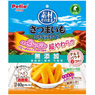 ペティオ 素材そのまま さつまいも スティックタイプ 超やわらか 240g 【犬用 ドッグフード おやつ トッピング】栄養たっぷりのさつまいもをレトルト調理で超やわらかに仕上げました。
