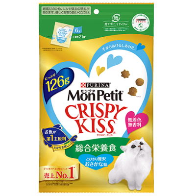 樂天商城 - モンプチ　クリスピーキッス　総合栄養食　とびきり贅沢おさかな味　126g（6g×標準21袋入り）【キャットフード　おやつ　ドライ　小分け】手からあげるしあわせ。栄養バランス良く配合！「主食」としても「おやつ」としても♪　ピュリナ