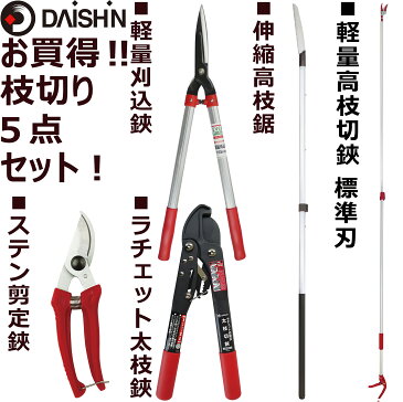 送料無料 大進 枝切り5点セット 軽量高枝切鋏 標準刃タイプ、伸縮高枝鋸、ラチェット式太枝切鋏、軽量刈込鋏165mm、ステンレス剪定鋏 高枝切りバサミ 剪定鋏 超軽量 伸縮 高枝 はさみ 高枝切狭 枝きりばさみ 剪定 高枝切り