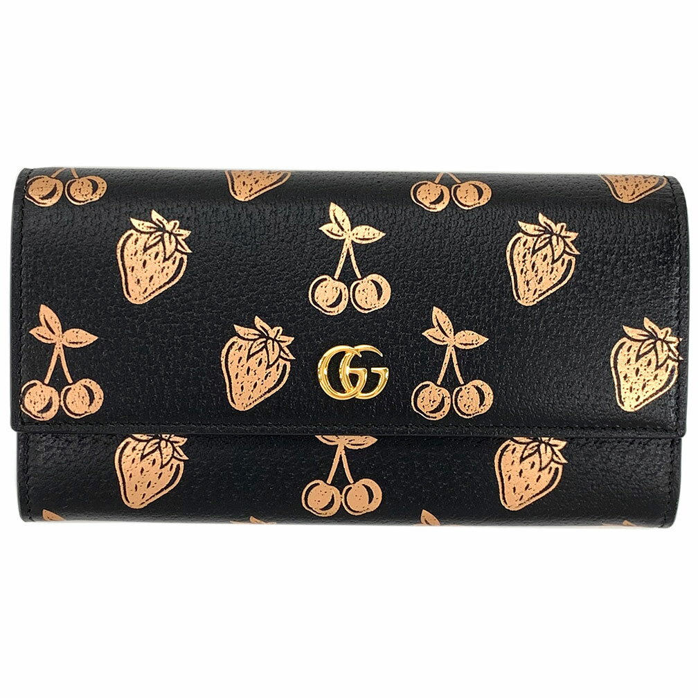 グッチ 財布（レディース） グッチ 財布 456116-1170 GUCCI ファスナー長札 長財布 GGマーモント メタリック ストロベリー&チェリー プリント カーフ ブラック アウトレット 新品