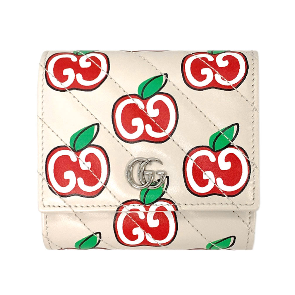 グッチ 財布 598629-9086 GUCCI 二つ折り コンパクト GGアップル プリント GGマーモント キルティング カーフ オフホワイト/レッド アウトレット 新品