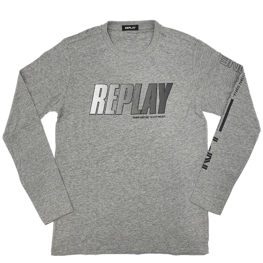 リプレイ Tシャツ M3492 REPLAY メンズ 長袖 丸首 ロゴ RPY EIGHTY ONE プリント ロングスリーブ グレー M.L サイズ 05015 アウトレット 新品