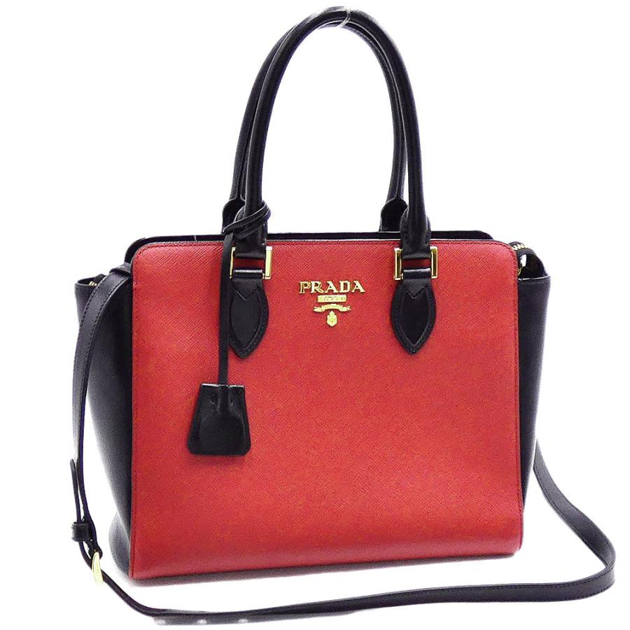 中古 美品 プラダ バッグ PRADA サフィアーノxソフトカーフ 2WAY ハンドバッグ ショルダー レッドxブラック レディース 1BA113 T-YJP06134