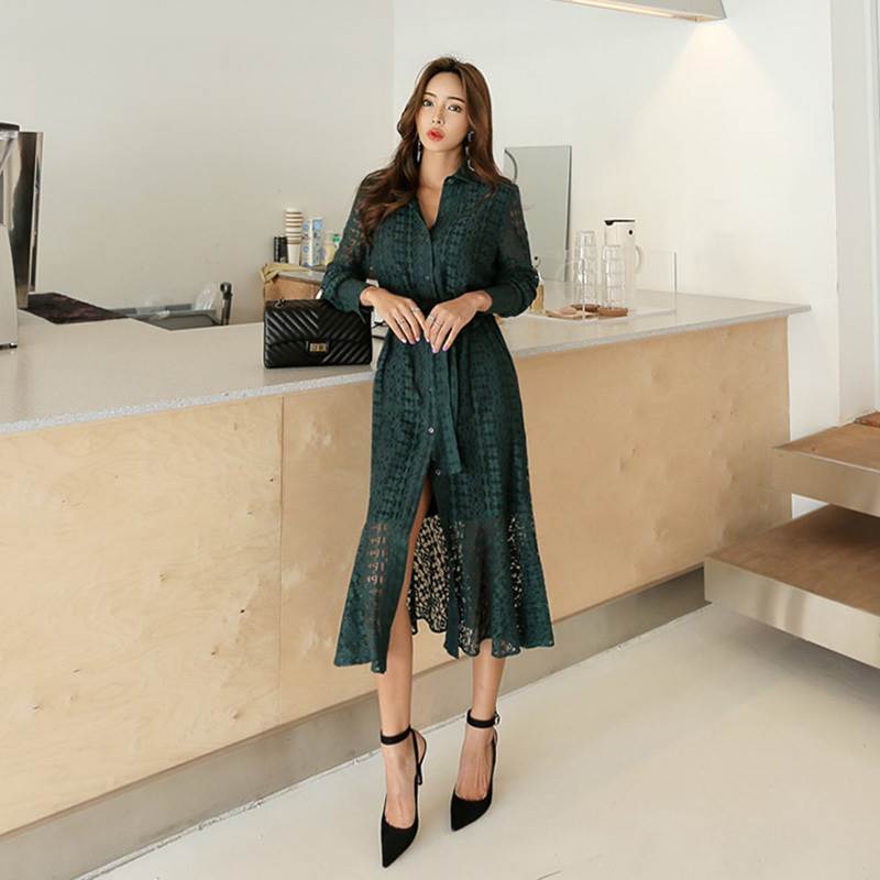 ワンピース フレアスカート シャツワンピース フレアワンピース ワンピドレス 膝丈 ひざ丈 膝下 ミモレ ミモレ丈 袖あり 7分袖 襟付き フレア セミフレア レース 透け感 シースルー かわいい 大人可愛い きれいめ 大人 上品 おしゃれ 大人可愛い 大人女子 こなれ感 ラブリー