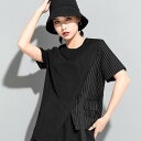 アシンメトリーストライプトップス 袖あり 半袖 襟なし かわいい 大人可愛い きれいめ シンプル カジュアル 大人 上品 おしゃれ お洒落 かっこいい こなれ感...