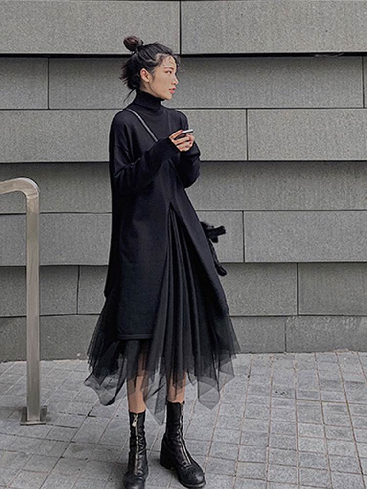 セットアップ フレアスカート チュールスカート ミモレ ミモレ丈 袖あり 長袖 萌袖 ハイネック タートルネック 襟なし フレア Aライン レース チュール シフォン フリル 透け感 シースルー ニット 上下セット 2点セット かわいい 大人可愛い きれいめ シンプル カジュアル