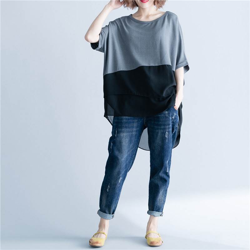 Short Sleeves - トップス Tシャツ シャツ ビッグT ロング丈 袖あり 半袖 Uネック 切り替えデザイン かわいい 大人可愛い きれいめ シンプル カジュアル 大人 おしゃれ お洒落 かっこいい 大人可愛い 大人女子 こなれ感 ラフ メンズライク ルーズ 個性的 クール モード系 無地 夏