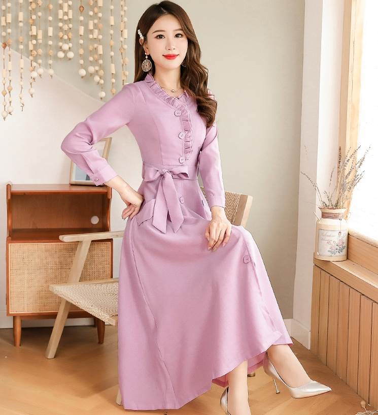 ウエストリボン フリルネック フレア ワンピース フレアワンピース ロング ロング丈 袖あり 長袖 スタンドカラー セミフレア Aライン フリル リボン 前開き かわいい 大人可愛い きれいめ シンプル カジュアル 大人 上品 おしゃれ レトロ 大人女子 こなれ感 ラブリー