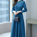 透け感 上品 お呼ばれ シフォン ドレス ワンピース パーティードレス パーティドレス 結婚式ドレス 結婚式のドレス カラードレス ロングドレス ワンピドレス ロング ロング丈 袖あり 長袖 パフスリーブ スタンドカラー フレア チュール シフォン ウエストリボン(4)