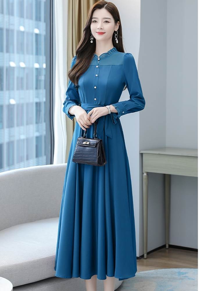 透け感 上品 お呼ばれ シフォン ドレス ワンピース パーティードレス パーティドレス 結婚式ドレス 結婚式のドレス カラードレス ロングドレス ワンピドレス ロング ロング丈 袖あり 長袖 パフスリーブ スタンドカラー フレア チュール シフォン ウエストリボン