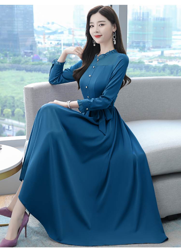 透け感 上品 お呼ばれ シフォン ドレス ワンピース パーティードレス パーティドレス 結婚式ドレス 結婚式のドレス カラードレス ロングドレス ワンピドレス ロング ロング丈 袖あり 長袖 パフスリーブ スタンドカラー フレア チュール シフォン ウエストリボン