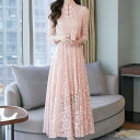 チャイナボタン レース フレア ドレス ワンピース パーティードレス パーティドレス 結婚式ドレス 結婚式のドレス ロング ロング丈 マキシ マキシ丈 袖あり 長袖 ハイネック マオカラー Aライン プリーツ 刺繍 シフォン ハイウエスト 透け感 シースルー かわいい 大人可愛い(4)