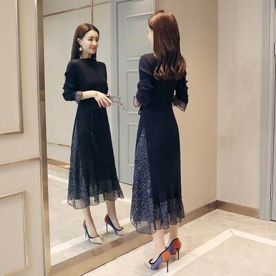 ワンピース フレアワンピース ミモレ ミモレ丈 袖あり 長袖 ボートネック 襟なし フレア セミフレア スリム タイト 細身 Aライン ドッキング レース チュール フリル リボン ウエストマーク ウエストリボン 透け感 シースルー 異素材MIX かわいい 大人可愛い きれいめ