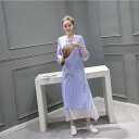 レトロワンピース ナチュラルワンピース チャイナ風ワンピース 中華風ワンピース ブラウス ワンピドレス リネンワンピース ロング ロング丈 マキシ マキシ丈 袖あり 7分袖 七分袖 フレアスリーブ Iライン 透け感 シースルー リネン 薄手 かわいい 大人可愛い きれいめ(4)