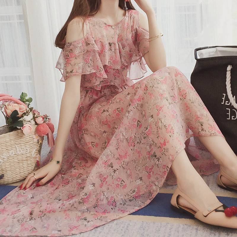 サマードレス オフショルワンピース ロング ロング丈 マキシ マキシ丈 袖なし オフショルダー オフショル Iライン シフォン フリル ふわふわ ウエストゴム 透け感 ドレープ かわいい きれいめ おしゃれ お洒落 キュート 柄 花柄 小花柄 フラワー 夏 10代 20代 30代