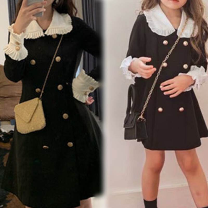 親子ペア お揃い ワンピース キッズワンピース ミニ丈 袖レース 袖あり 長袖 金ボタン 大人可愛い かわいい きれいめ おしゃれ ラブリー キュート ガーリー 春 秋 誕生日 フォーマル 女子会 10代 20代 30代 レディース 女性用 お出かけ ホテル子供 キッズ M ブラック