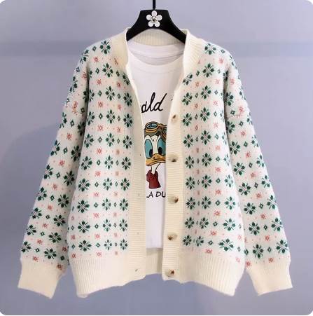 総柄 ニット カーディガン トップス 袖あり 長袖 クルーネック スタンドカラー リブ 前開き リブニット 編み込み ニット かわいい カジュアル おしゃれ レトロ こなれ感 ラブリー キュート ガーリー 個性的 モード系 モダン 主役級 存在感 柄 秋 冬 10代 20代 30代