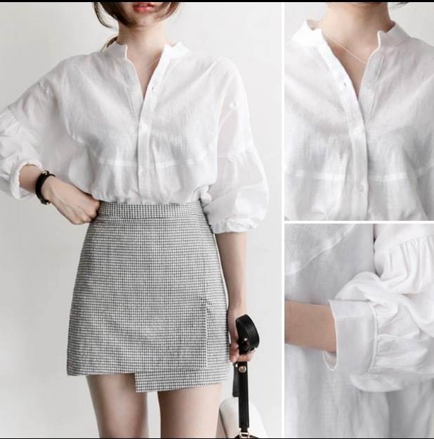 トップス デート シャツ ブラウス カットソー 白シャツ 白トップス ミディアム丈 袖あり 7分袖 七分袖 長袖 ボリューム袖 フレアスリーブ ホルンスリーブ 萌袖 襟付き スタンドカラー フレア セミフレア 細身 ストレート ワイド Aライン Iライン 切り替えデザイン スマート