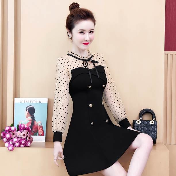 ワンピース ワンピドレス ミニ ミニ丈 膝上 袖あり ラウンドネック 襟なし Aライン 切り替えデザイン ドッキング リボン 綿 かわいい 大人可愛い 大人 おしゃれ お洒落 大人女子 ラフ ラブリー キュート セクシー 主役級 柄 ドット柄 春 秋 誕生日 10代 20代 レディース